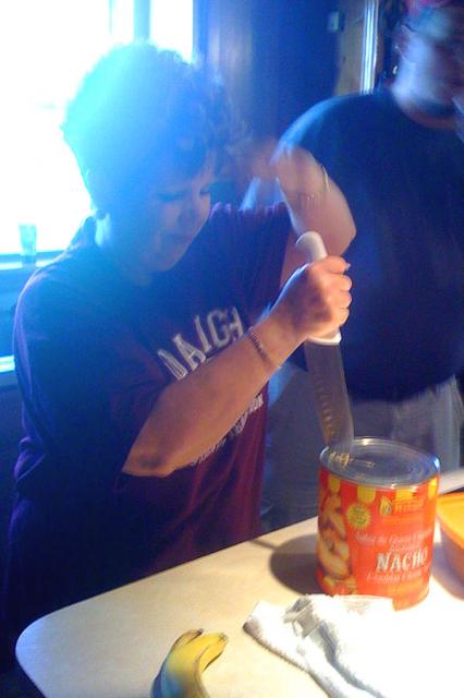 Nobody brought a can opener, so Aunt Janet improvised!