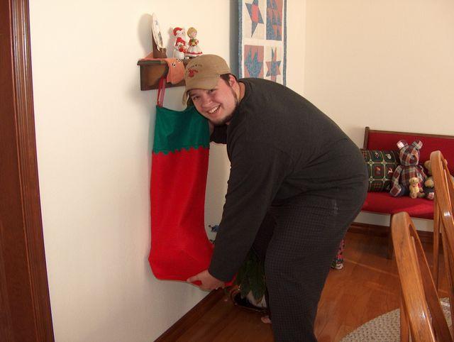 Jake's awake -- and checking out his stocking!
