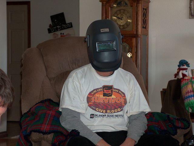 Joe modeling his new welder's helmet