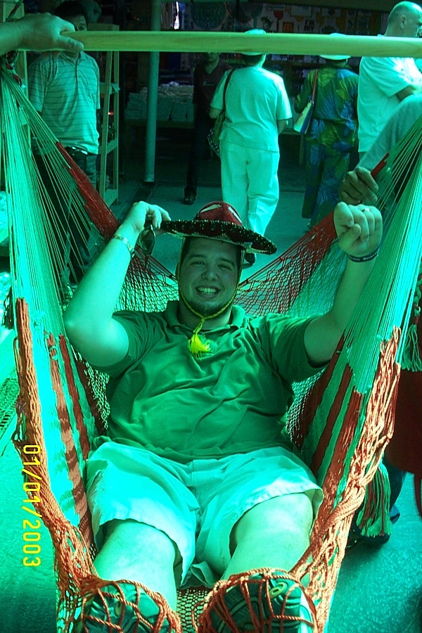 Jake forced to sit in hammock chair by crazy Mexican salesman...