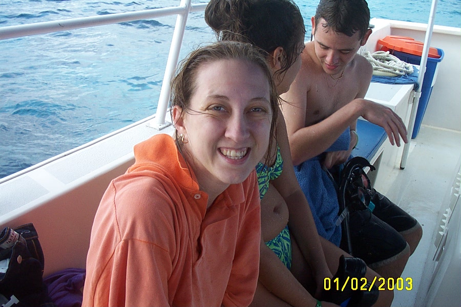 Abby freezing on the glass bottom boat...