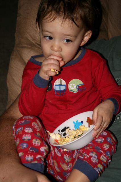Sunday morning leftover popcorn breakfast. Hey, he said "Hotcorn, peeeease!"