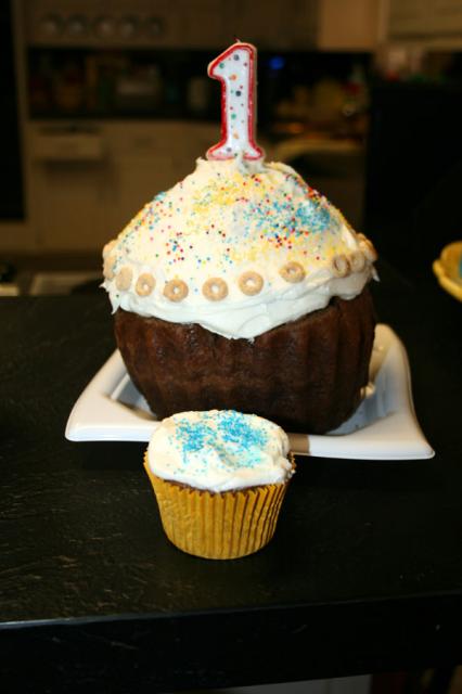 Giant cupcake for Oliver's birthday bash! (Regular sized cupcake for scale.)
