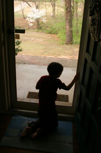 Back upstairs, Tyler was pressing his ear to the front door so he could hear the lawn mowers outside