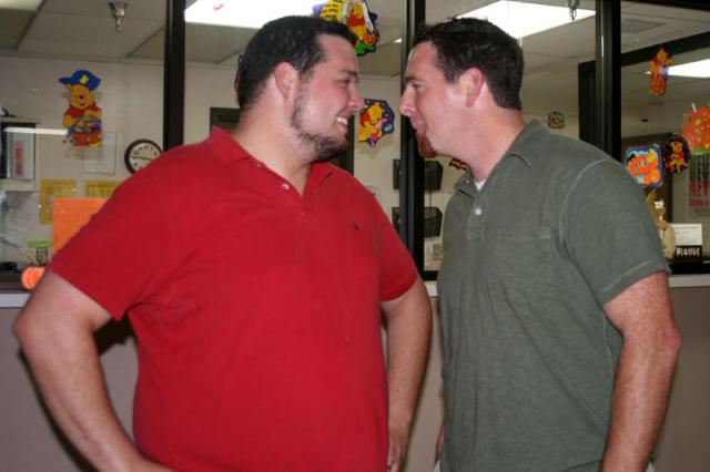 Playing "Whose nose is bigger?" in the hallway
